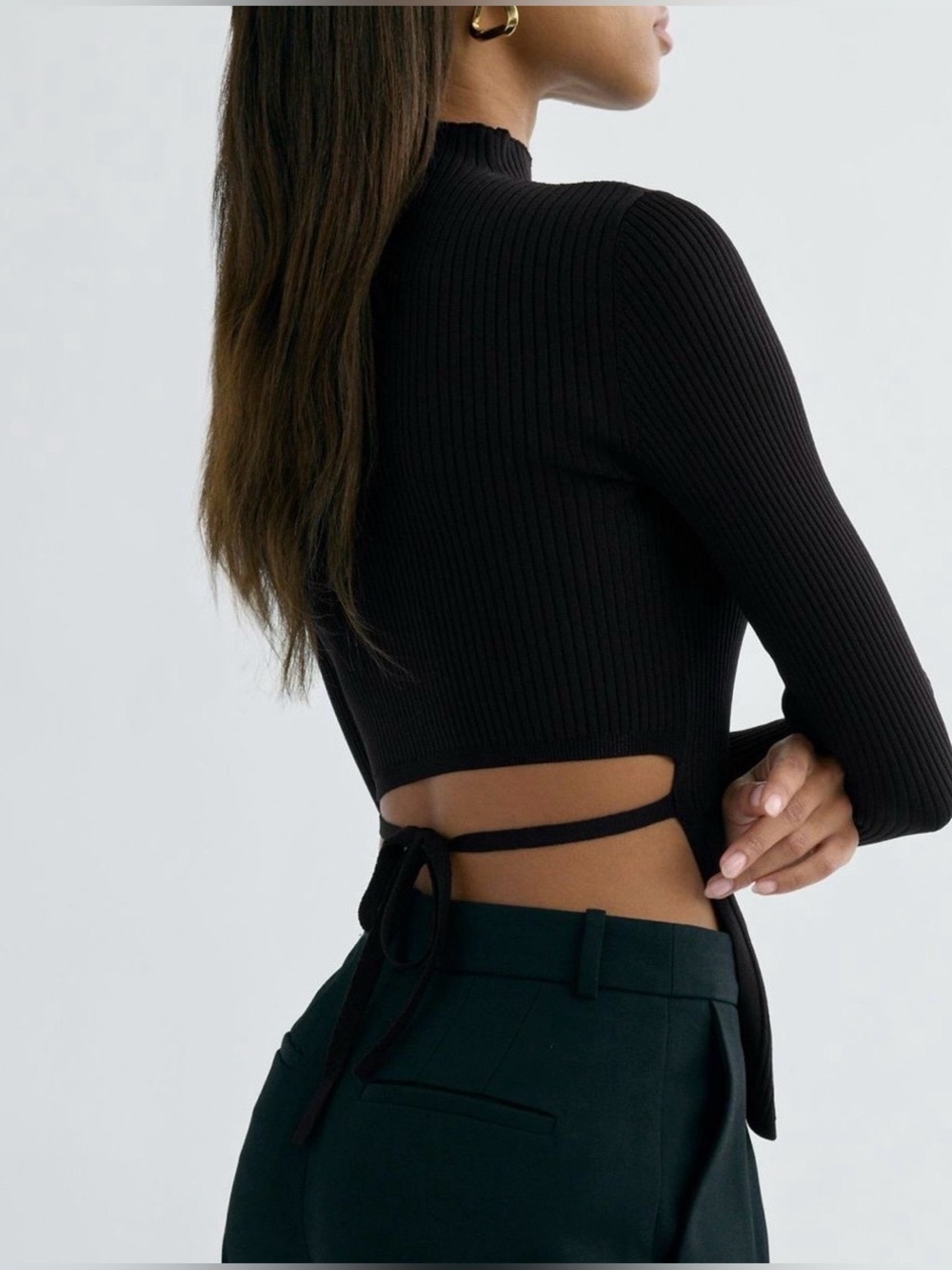 Aritzia Babaton Sculpt Knit Tie-Back Long Sleeve Top Black Ribbed Mock Neck S